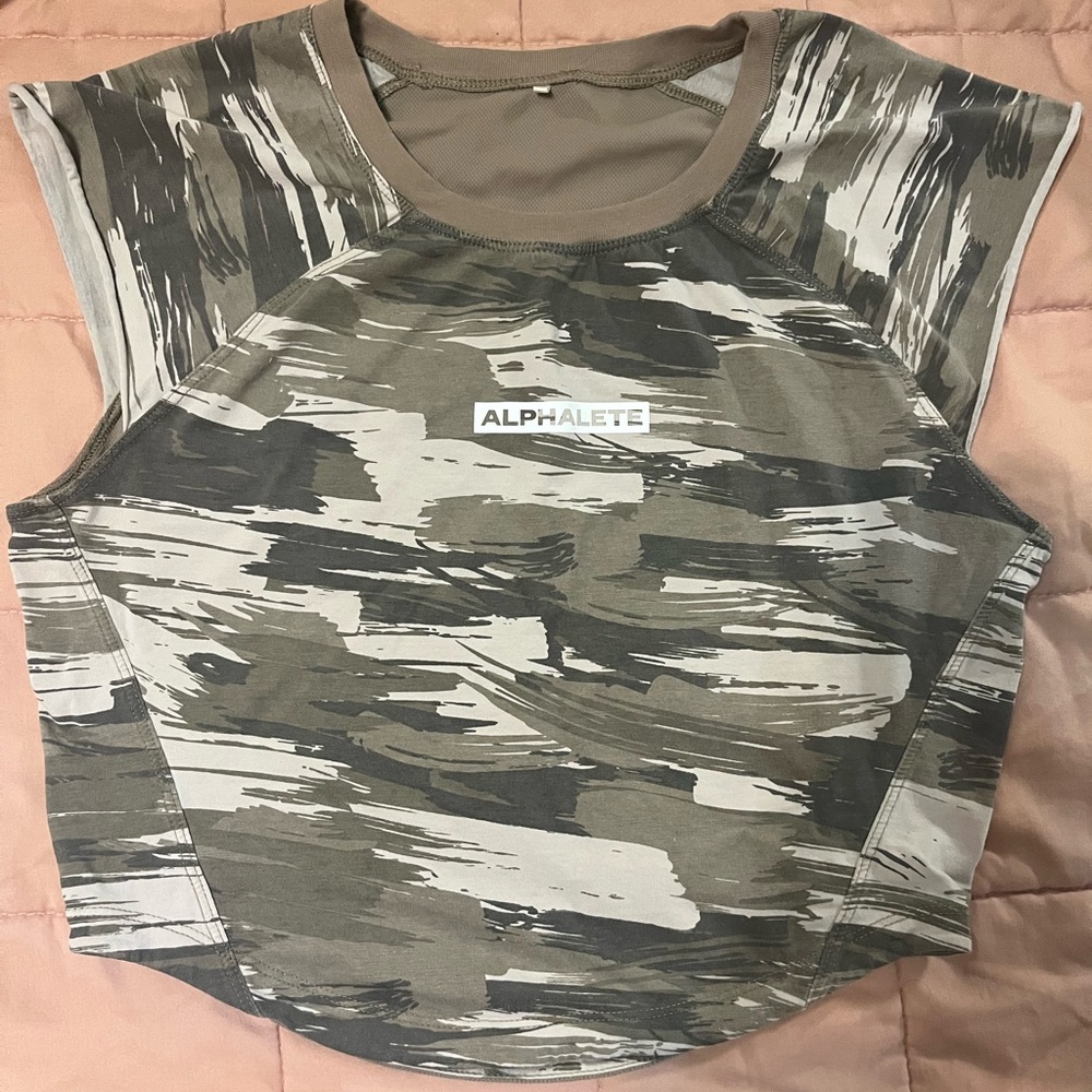 Alphalete Olive and Gray Camo Muscle Tee Crop Top